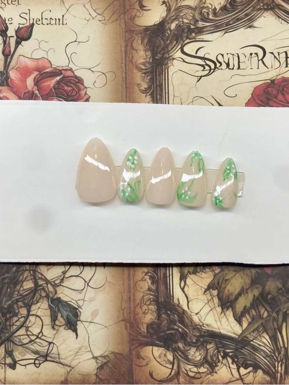 Nude & Green Floral Press-On Nail Set - Elegant Almond Shape